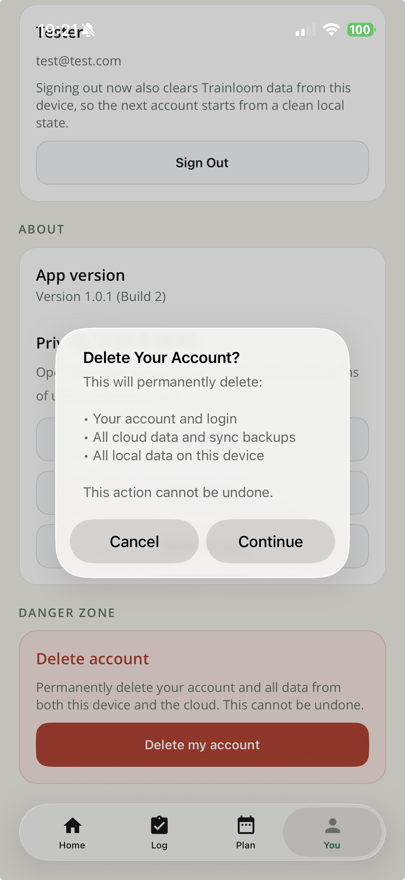 Trainloom delete account confirmation listing the account, cloud data, sync backups, and local data that will be deleted.