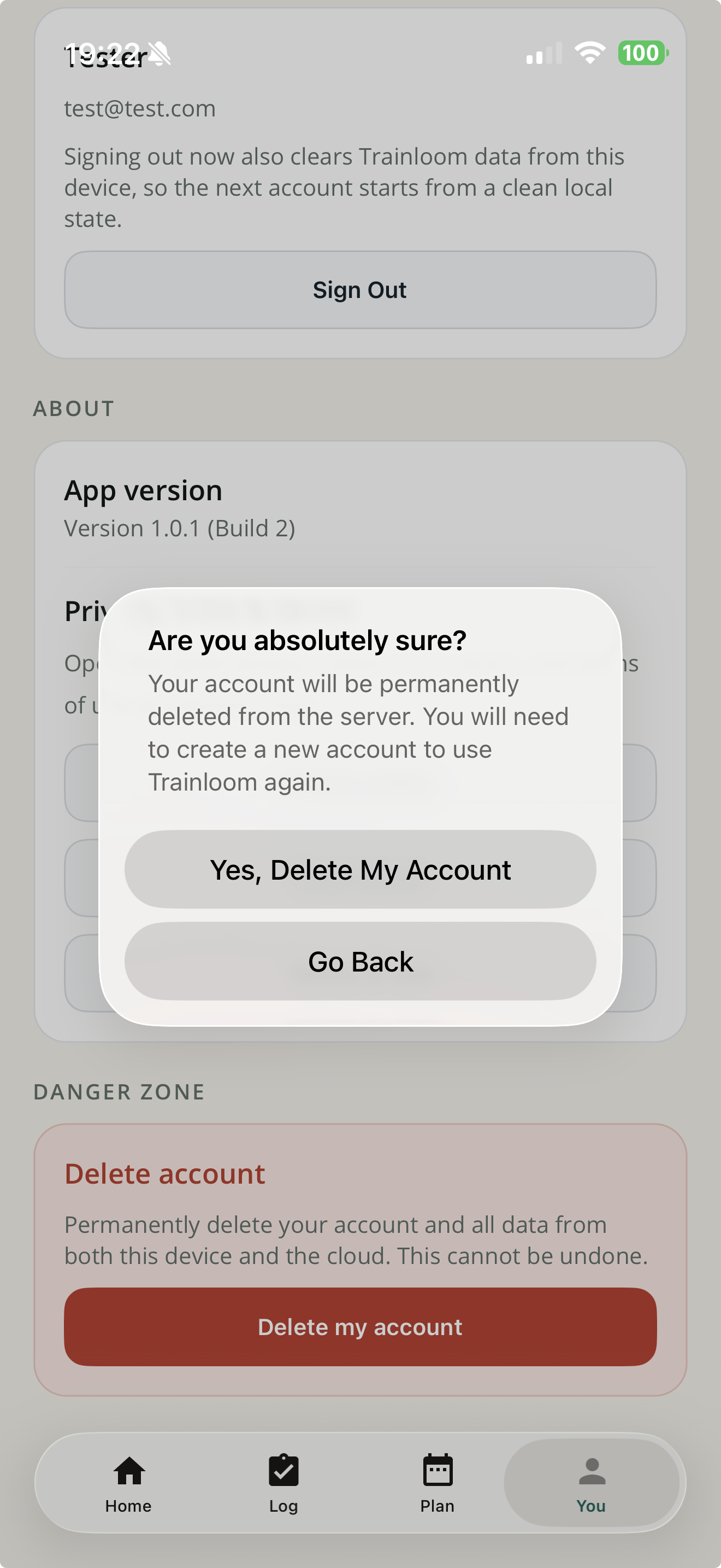 Trainloom second delete account confirmation requiring the user to confirm permanent deletion.