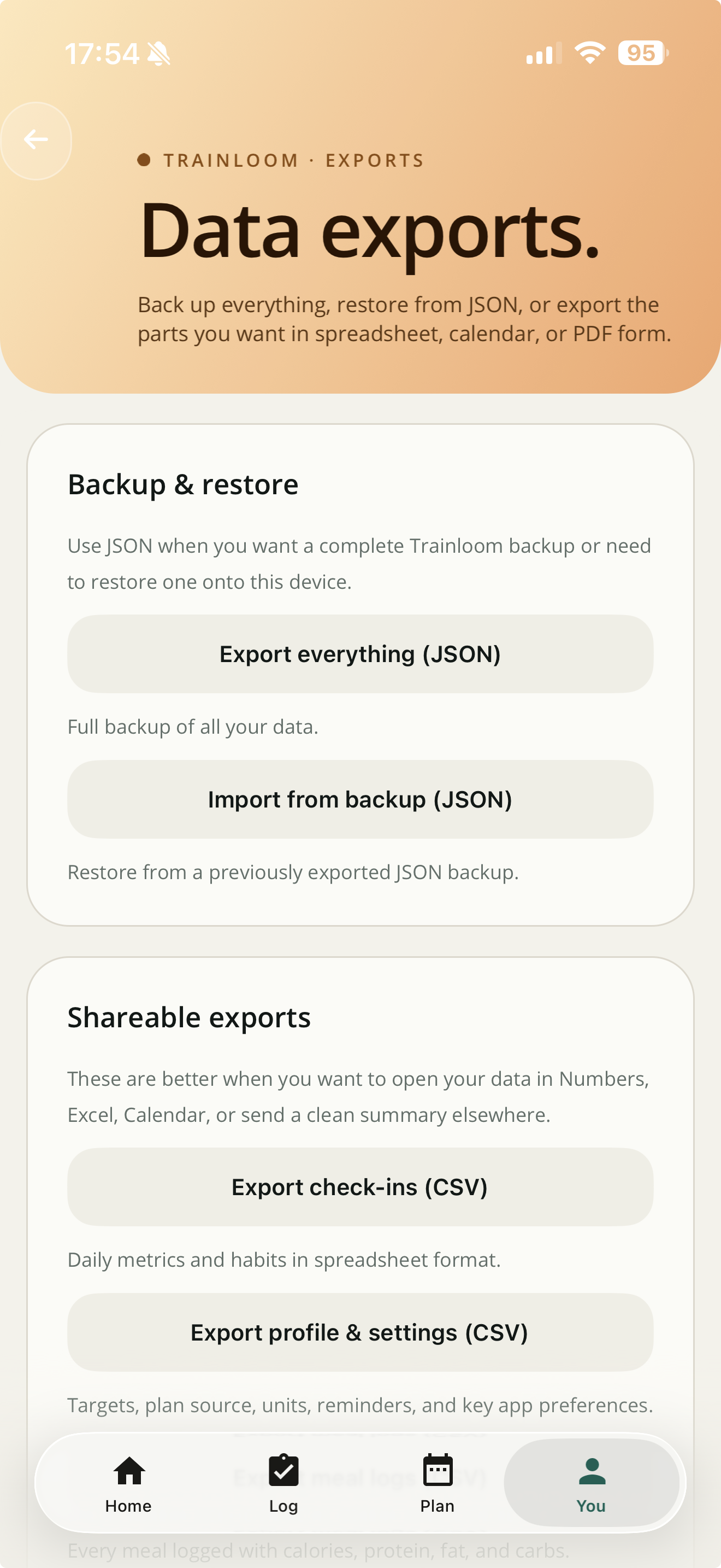 Trainloom exports screen showing JSON export and JSON import options on the backup and restore card.