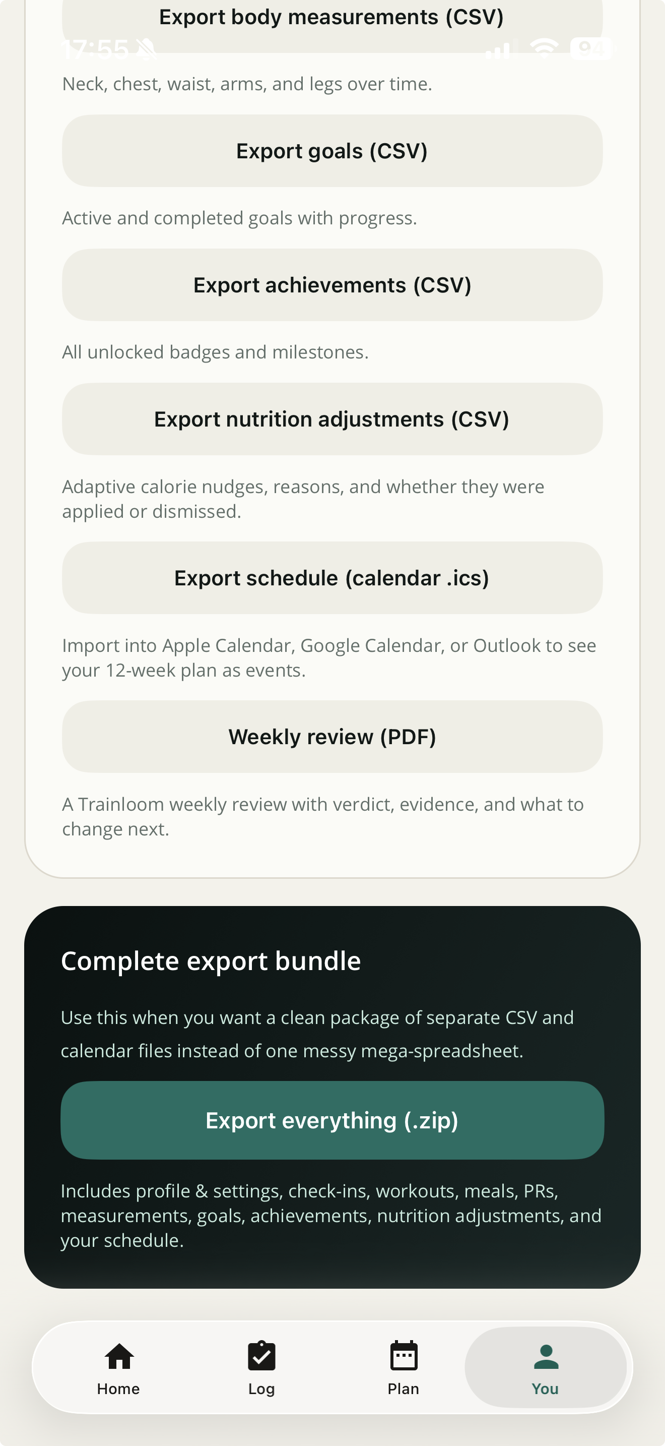 Trainloom exports screen showing CSV exports, weekly review PDF, and a complete ZIP export bundle.