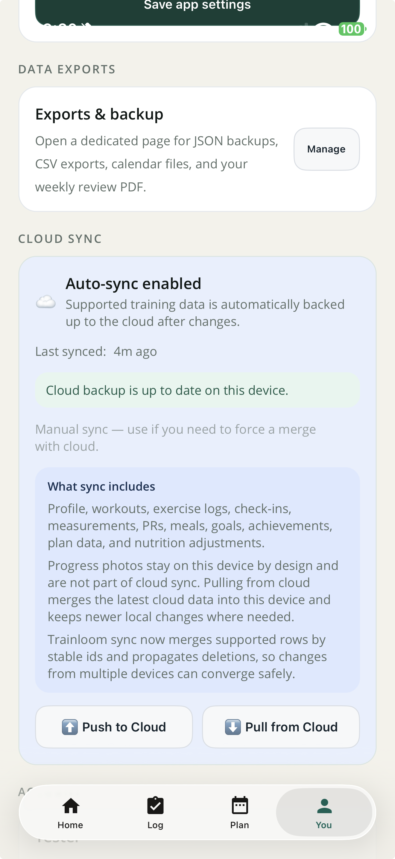 Trainloom settings screen showing cloud sync status, what sync includes, and a note that progress photos stay on this device.